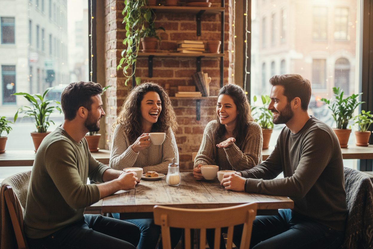 Men and women sharing coffee