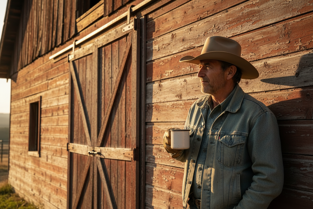 Ranch Hand with Coffee - Barn Background